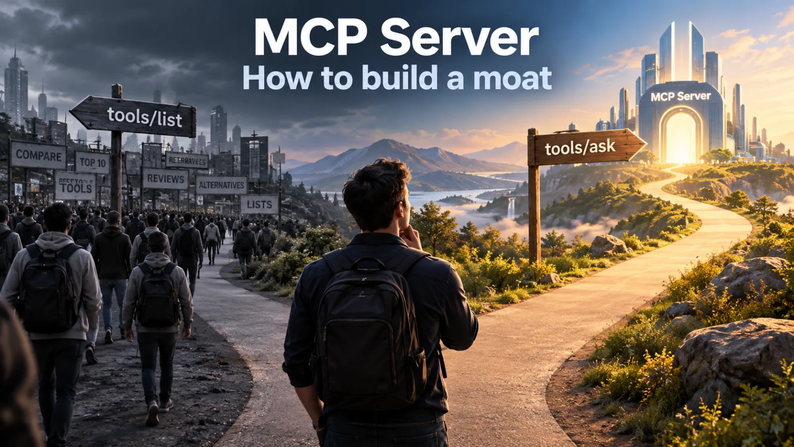 A fork in a path. The left branch is grey and crowded, signposted tools/list, a herd walking towards a city of signboards reading lists, reviews, alternatives. The right branch is lit, signposted tools/ask, leading to a building marked MCP Server. One person stands at the fork, deciding which way to go.