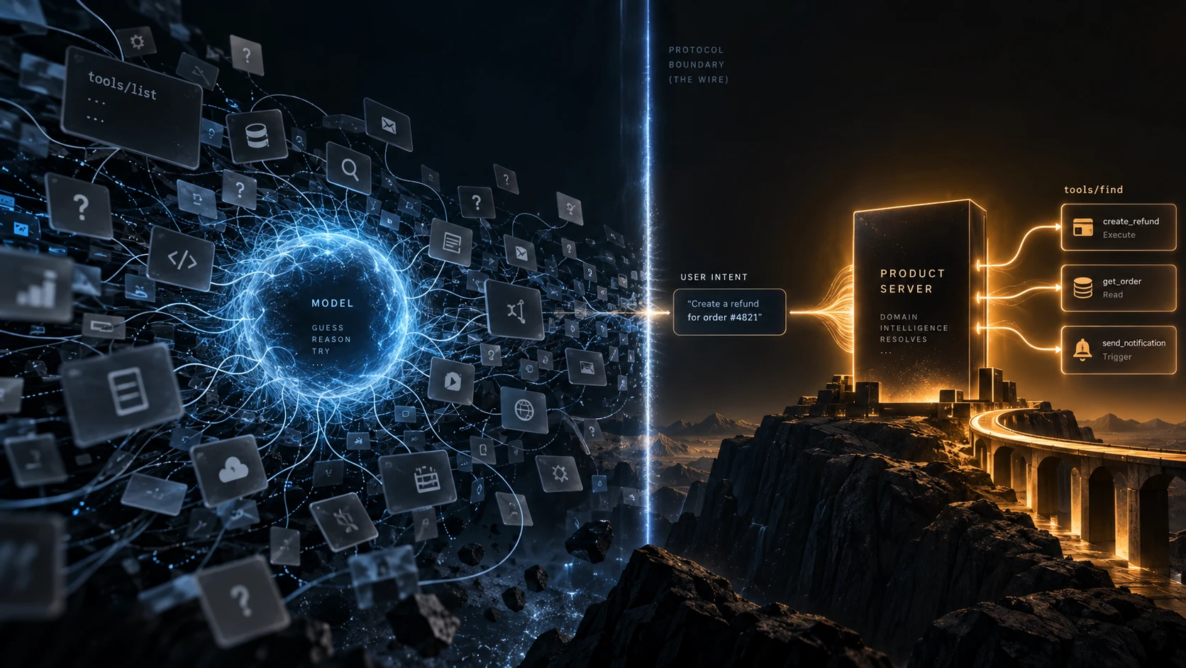 Two sides of a protocol boundary. On the left a model surrounded by hundreds of scattered tool cards, labelled guess, reason, try. On the right a single user intent resolved by a product server into three named tools.